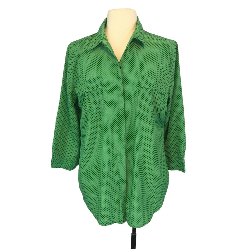 Liz Claiborne Womens Green‎ Black Polka Dot Button Front Shirt, top sz L